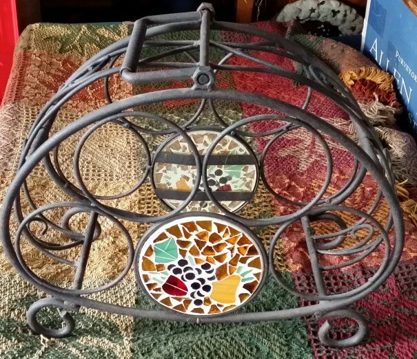 Pier One 1 Mosaic ceramic Black Wrought Iron 4 Wine Bottle Holder Rack Carry