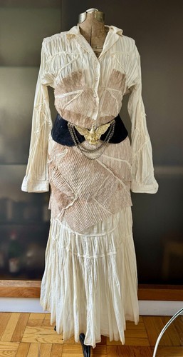 Rare vtg Issey Miyake origami dress 2pc beige ombre,cotton & lace,pleats M/L - 第 3/18 張圖片