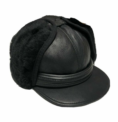 Real Sheepskin Bomber Hat Very Warm Shearing Leather Trapper Hunting Wool Lining - Picture 14 of 15