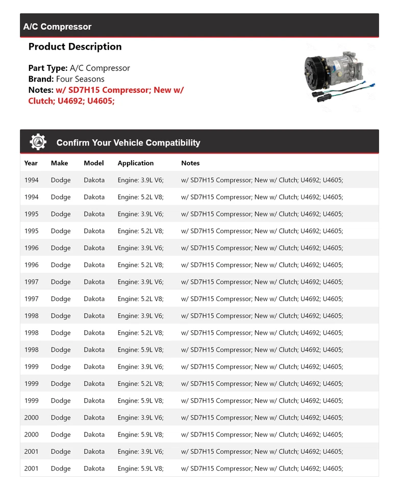 Compresor de aire acondicionado para Dodge Dakota 1994-2001 4 estaciones 1995 1996 1997 1998 1999 Foto 2 de 4