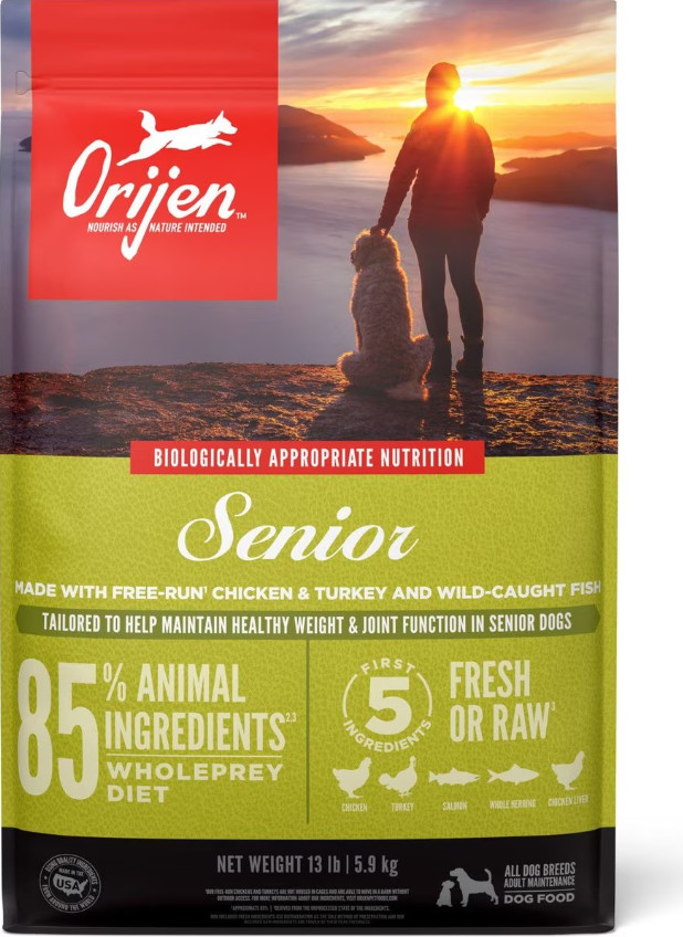 ORIJEN Senior, Grain Free, Fresh & Raw Animal Ingredients Dry Dog Food, 13 lb