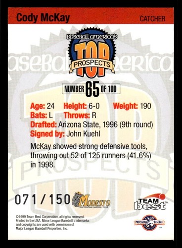 1999 Team Best Baseball America's Top Prospects - Cody McKay #65 (RC) - Picture 2 of 2