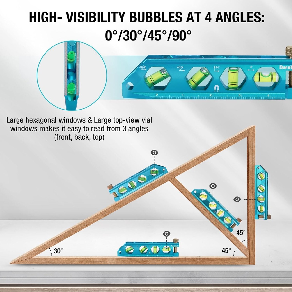 DURATECH 3-Piece Magnetic Level Set - 2.5", 6.25", 8" Aluminum Levels With V-Groove, 0°/30°/45°/90° Bubbles, SAE/Metric Scales