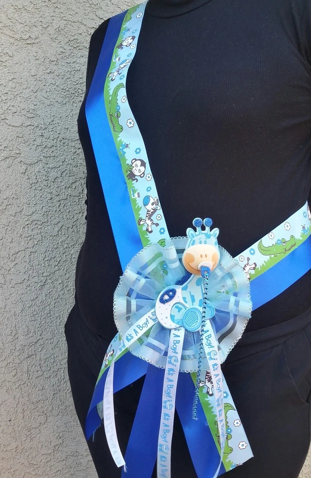 1 faja de baby shower MOM TO BE, azul/es un niño favores, jirafa, mamá, corsé, safari Foto 3 de 4