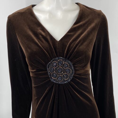 Ronni Nicole Midi Dress 10 Brown Beaded Front V Neck Velour Long Sleeve Womens - Picture 2 of 5