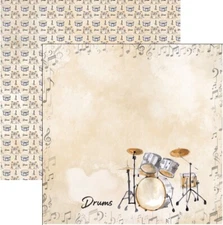 Drum Set - Watercolor, music DS scrapbook paper -  Scrapbook Customs 30652