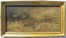 NAUFRAGIO nel mare in tempesta Olio su tavola cm 40x80 OTTOCENTO ‘800