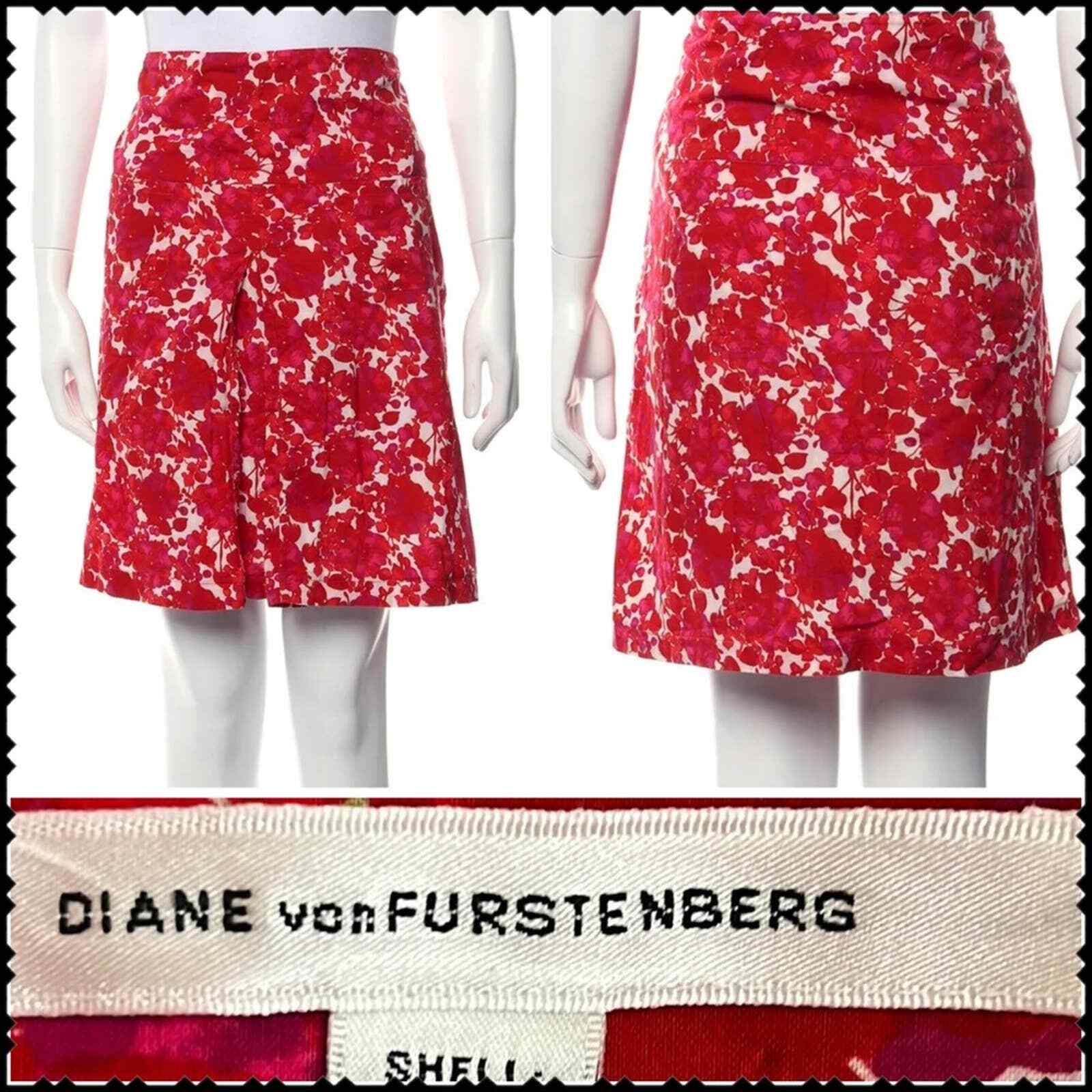 DVF Floral Pleated Skirt Size 6 100% Cotton Cherry Print-image