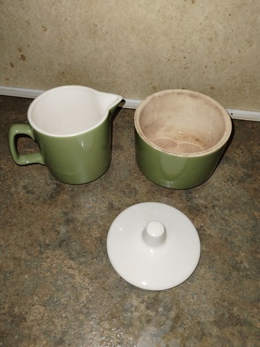 Avocado Green Creamer and Sugar Bowl with Lid Ironstone Look - Picture 3 of 3
