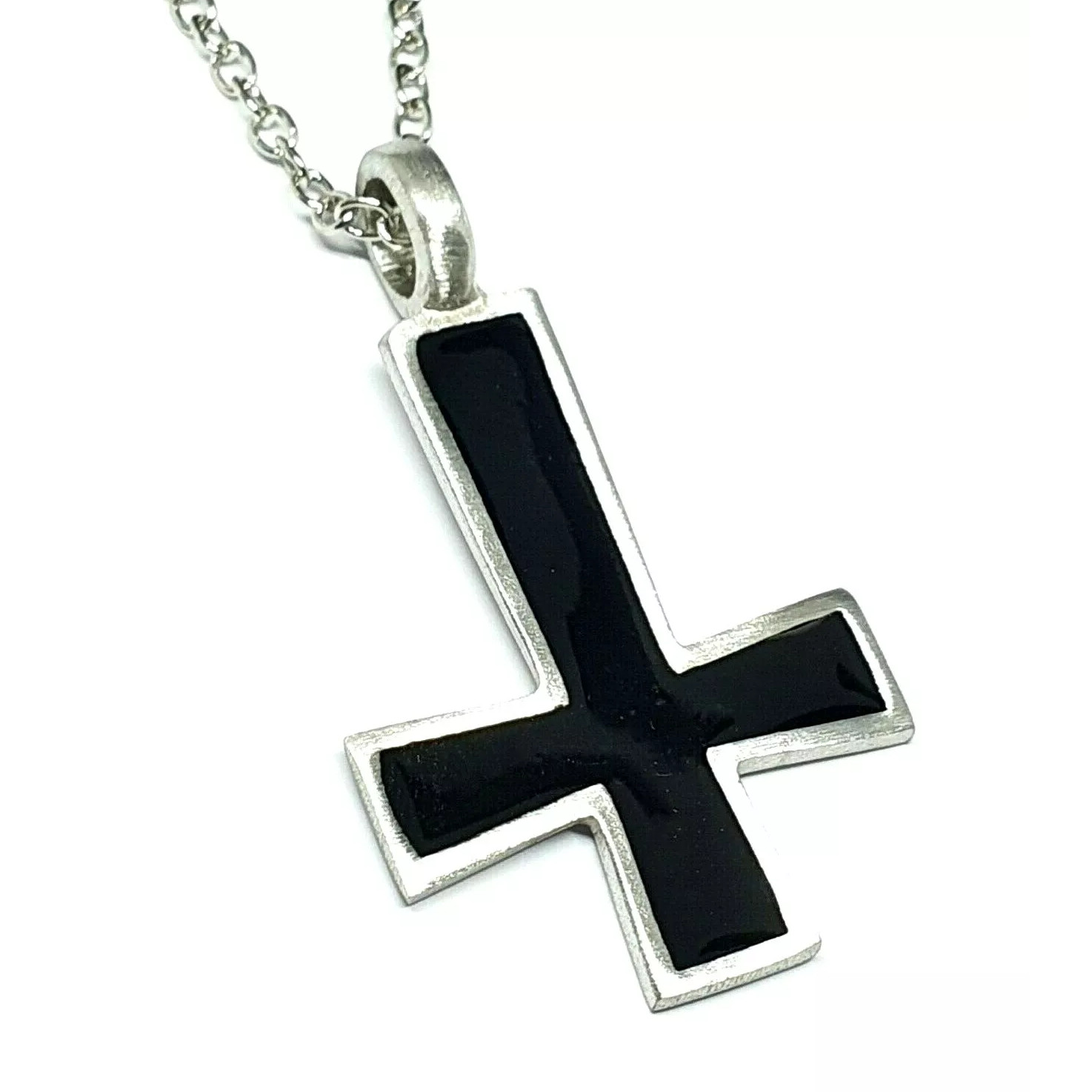 Inverted Cross Necklace Pendant Black Enamelled Satanic Lucifer Occult 18"" Chain