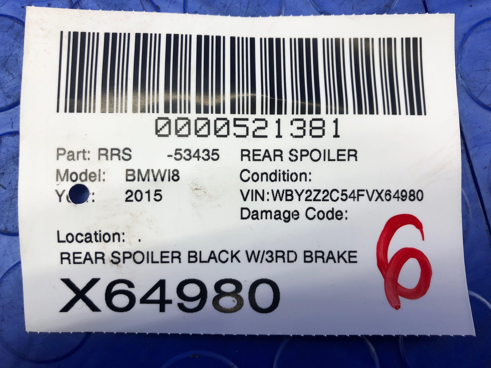 2014-2019 BMW I8 OEM REAR SPOILER BLACK W/3RD BRAKE LIGHT 5112 7340919