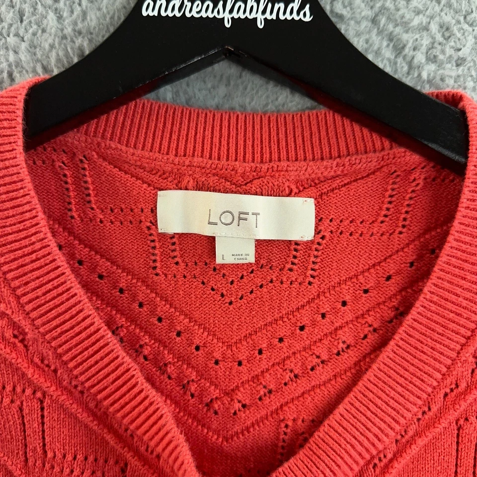 Suéter Ann Taylor LOFT Mujer Grande Coral Naranja Ojales Tejido Manga Abullonada DEFECTUOSO Foto 3 de 4