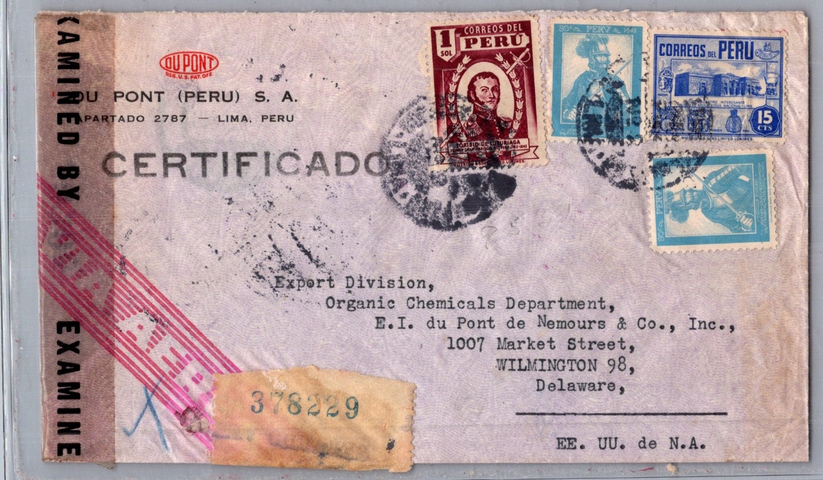 PERU 1944 POSTAL CENSORED REG AIRMAIL COVER MULT FRANKING ADDR USA & POSTMARK