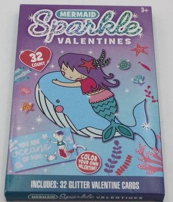 Mermaid Sparkle Valentines 32 Cards - Color Your Own Valentine 8 Fun Designs NEW