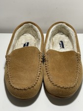 Lands' End Slippers Tan Suede Moccasin Faux Shearling Lining Women's Size 10