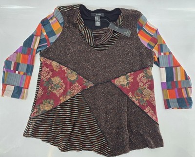 NWT Ali Miles Multicolored Mixed Media Patch Knit Cowl Neck Tunic - Size L