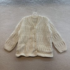 Vintage Hand Knit Cardigan Sweater Large Womens Cream Ivory Off White Chunky