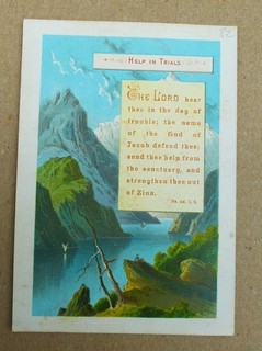 ORIGINAL VICTORIAN RELIGIOUS CARD HELP IN TRIALS MOUNTAIN LAKE VIEW