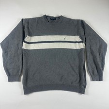 Nautica Mens Gray White Stripe Crew Neck Sweater Cotton XL