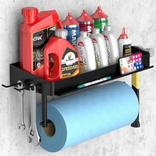 Garage Paper Towel Holder w/ Shelf, One Hand Tear, Wall Mount, Detachable Hooks