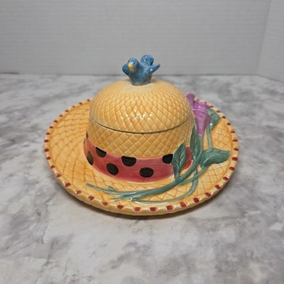 Vintage Vandor Straw Hat Blue Bird Home In The Garden Ceramic Lidded Trinket 