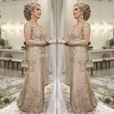 Plus Size Mother Of The Bride Dress Mermaid V-neck Long Sleeves Appliques Beaded