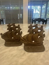 Antique Cast Iron Metal Ship Bookends Nautical Decor Pair  4 X4"  Vintage