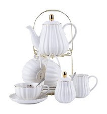 Jusalpha Porcelain Tea Set- 8 OZ White Coffee Cup/Teacup, Saucer, Spoons, Tea...