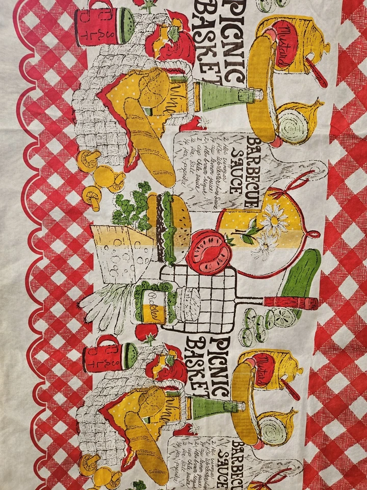 Vintage Mid Century Vinyl Red Checked Picnic Basket Bbq Sauce Recipe Tablecloth - Image 2 of 4
