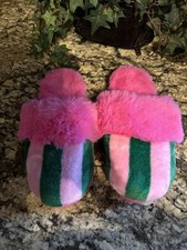 Shiraleah Felicity Stripe Slippers green  pink, plush faux-fur Medium 7/8 NWOT