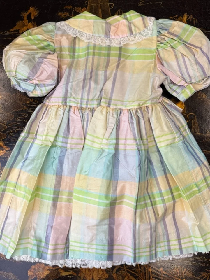 NOS Vintage BABY DIOR Plaid Pastel Silk & Lace Dress * 18 Months * New Old Stock - Image 2 of 4