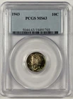 1943 P  10C MS63 - PCGS - Mercury Silver Dime - Green Blue and Rose Toned - PQ!