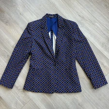 Express Women’s Blazer Size 10 Geometric Diamond Print Blue Red Long Sleeve
