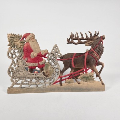 Antique Santa in Sleigh Reindeer   Embossed Paper   German Vtg Christmas 1900s