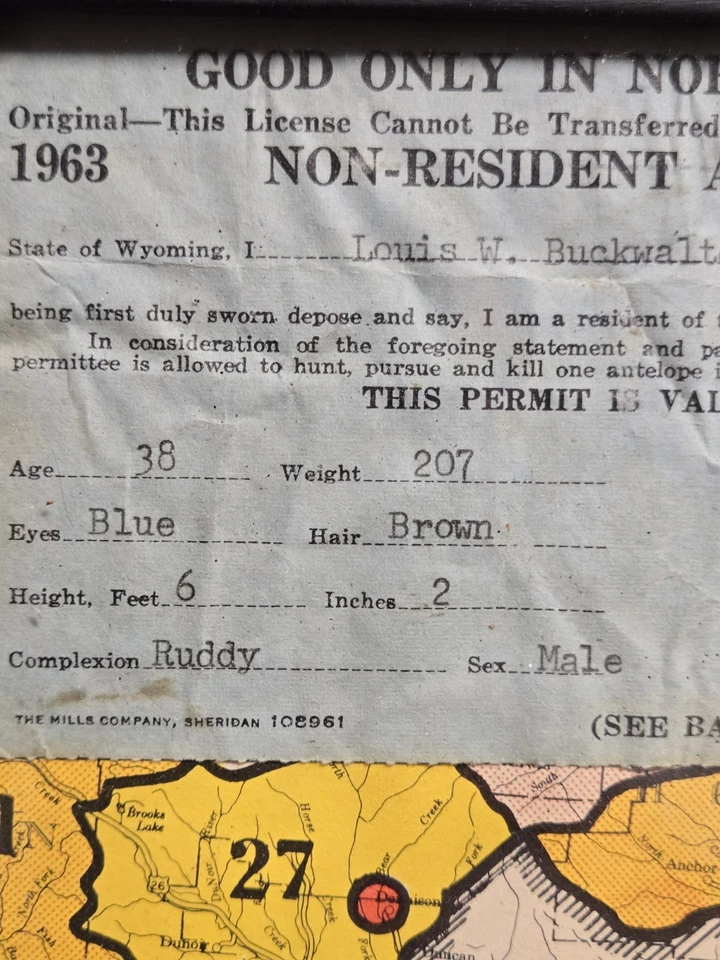 Douglas Wyoming 1964 antílope no residente licencia etiqueta de caza de colección mapa foto Foto 4 de 4
