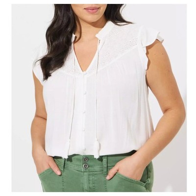 Torrid White Cloud Dancer Rayon Slub Crochet Detail Tie-Front Blouse Top Size 2X