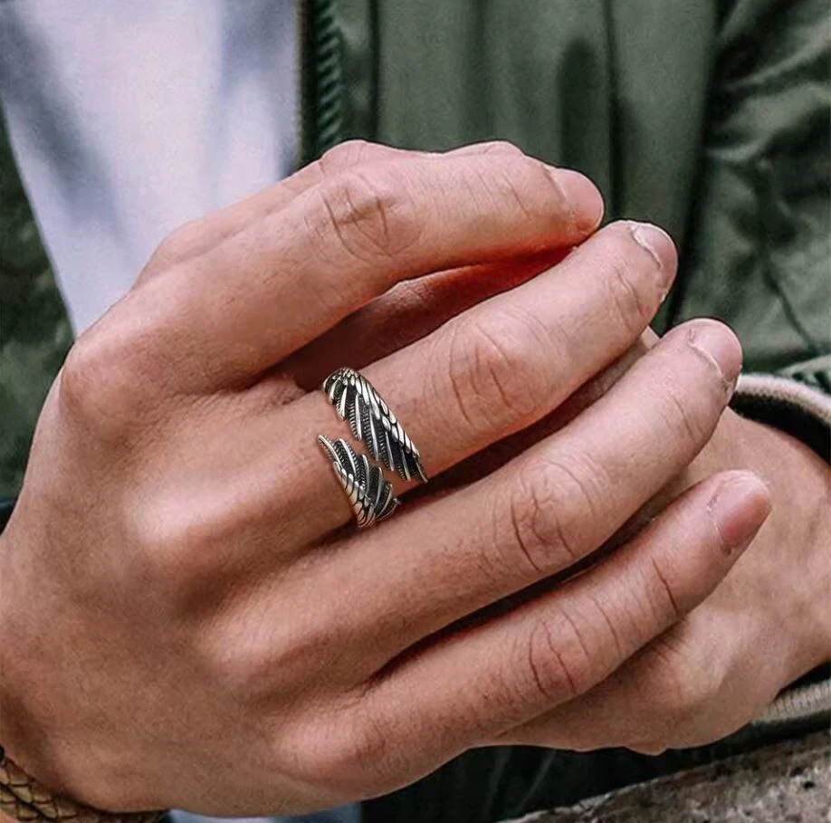 Ring 925 Silber Sterling Federn Herren Männer Sterne Größe Verstellbar Anpassbar - Bild 3 von 4
