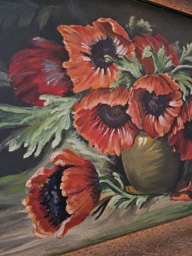 Antico dipinto a olio di H. Walter ""Florumstillleben"" papaveri - cornice legno dorato - Foto 5 di 10