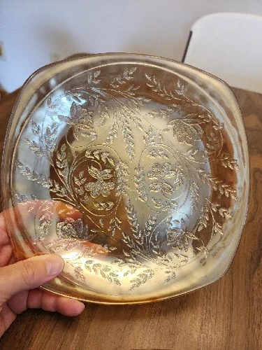 Vintage Jeanette Depression Glass “Lousia” Floragold Square Dinner Plate 8 1/2"