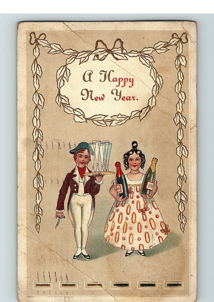 1910 Champagne New Bottles Year Postcard Lovely Couple Serving Glasses