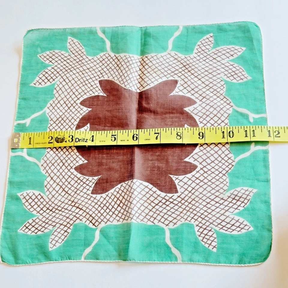 Pañuelo Vintage Pañuelo Estampado Abstracto Moderno MCM Verde Marrón Algodón 11.5" Foto 4 de 4