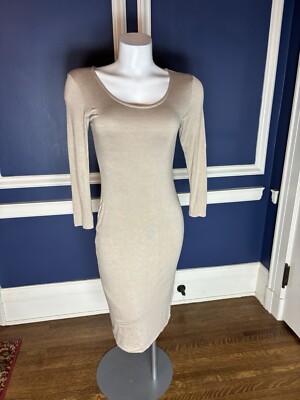 NWOT MYSTREE WOMANS THREE QUARTER SLEEVE BEIGE TSHIRT DRESS SIZE SMALL