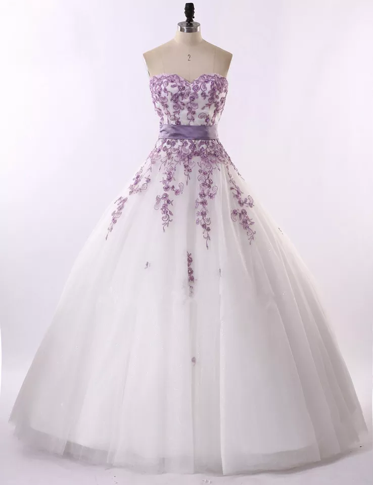White Purple Florals Lace Wedding Dresses Strapless Lace Up Back Plus Size Gown - Image 2 of 4