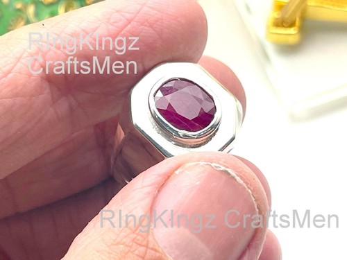Sterling Silver Ruby Ring for Men Oval Red Gemstone Signet Ring Handmade Jewelry - Picture 5 of 7