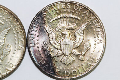 Two 1964-P Rainbow Toned Kennedy 90% Silver Half Dollar Mint State
