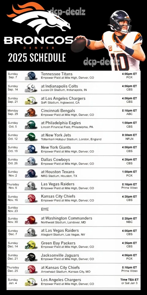 DENVER BRONCOS 2025 NFL Football Schedule Fridge Magnet 4" x 8"