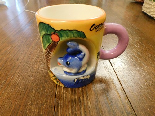 Rare Oceanside, CA Ceramic Cut out 3D Happy Dolphin Kitchy Cute Coffee Mug EUC