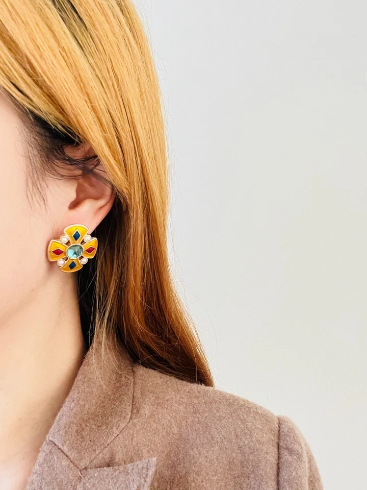 Cristales cruzados perlas de diamantes azul marino rojo verde retro clip pendientes oro mujer ella Foto 4 de 4