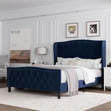 Full/Queen Size Bed Frame w/Wingback Headboard, Velvet Upholstered Platform Bed