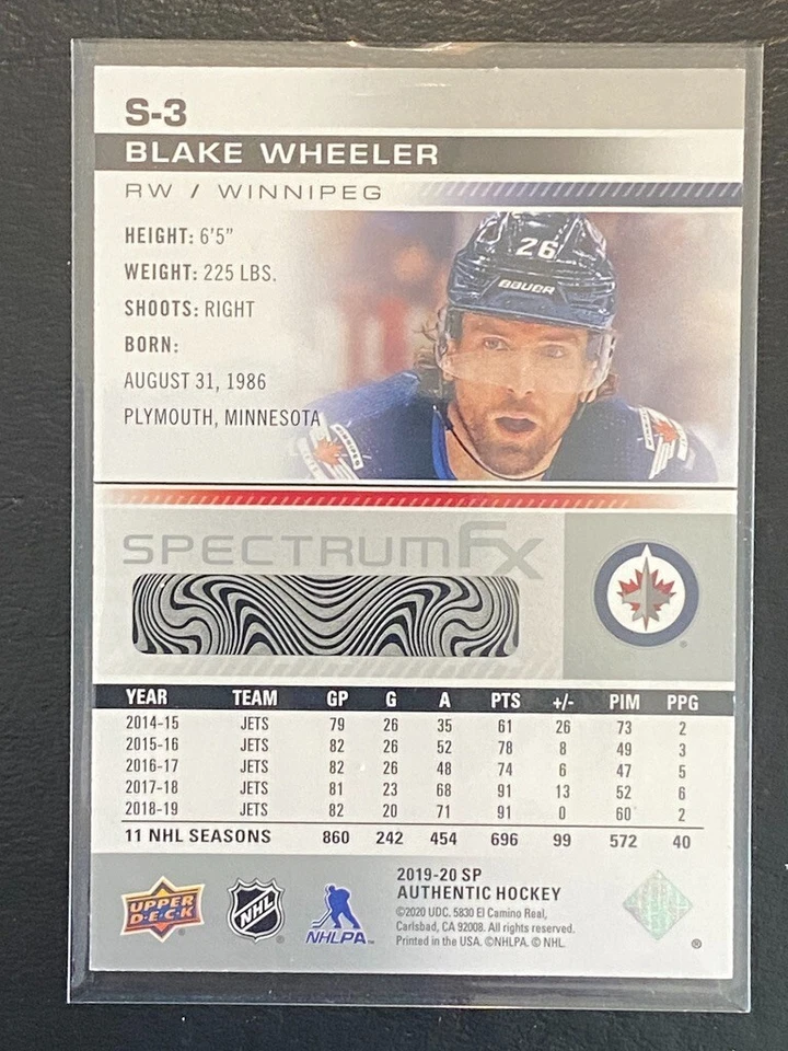 Blake Wheeler 2019-20 SP Authentic Spectrum FX GOLD #S-3 Winnipeg /Unscratched - Image 2 of 2